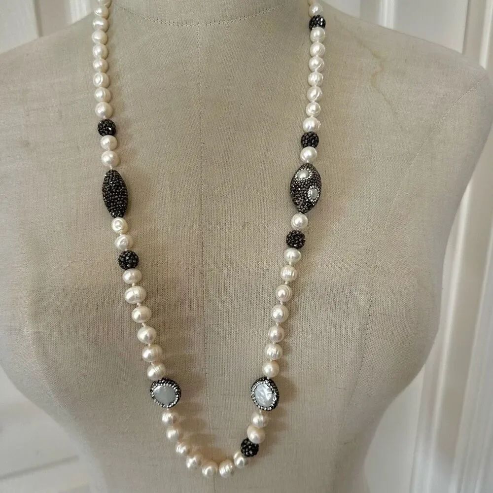 Freshwater Pearl & Pavé Crystal Long Necklace ✨ Sterling Clasp • Hand-Knotted